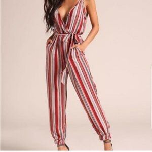 Maverick red pin stripe jumpsuit sz L